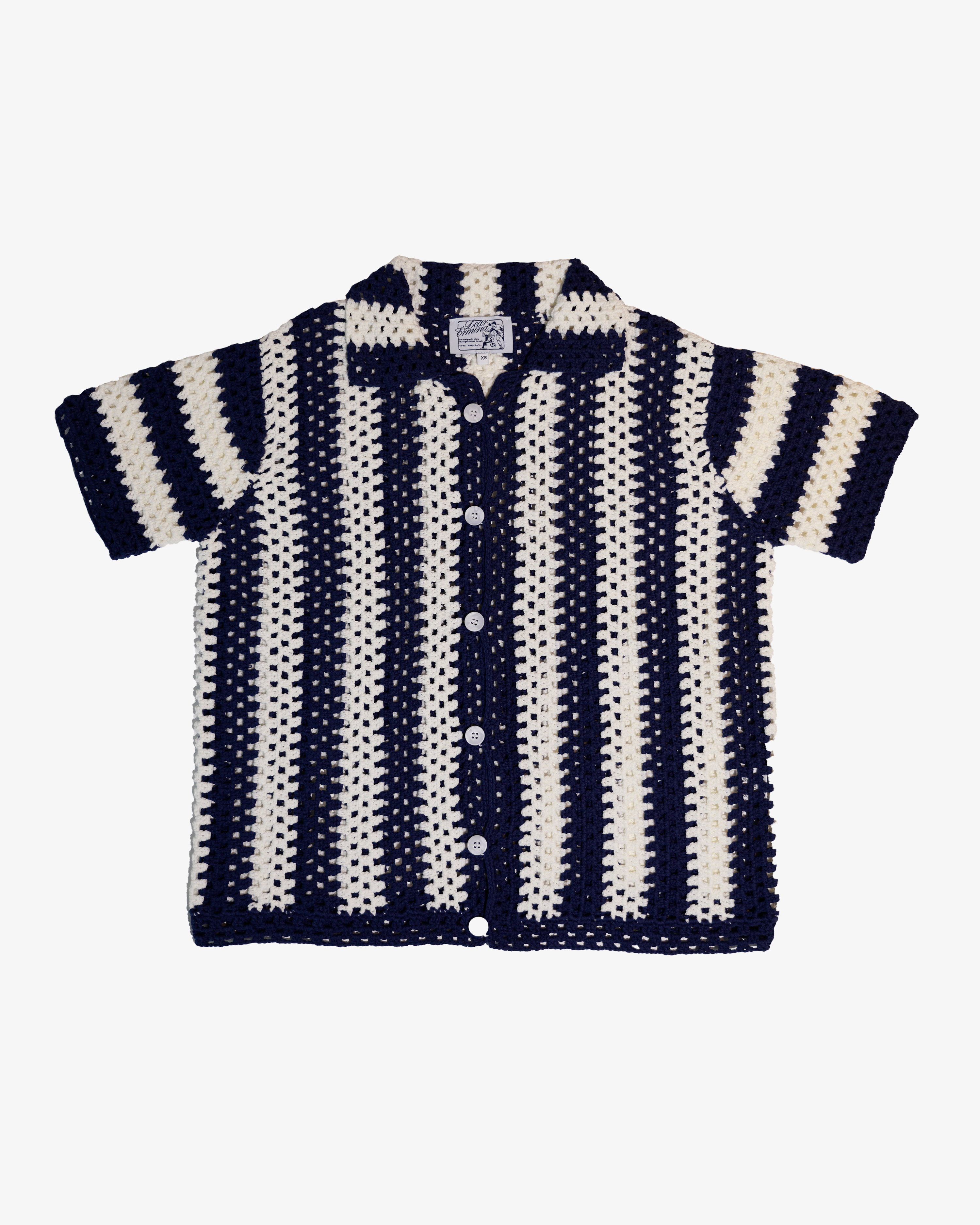 NAVY STRIPED CROCHET KNIT SHIRT