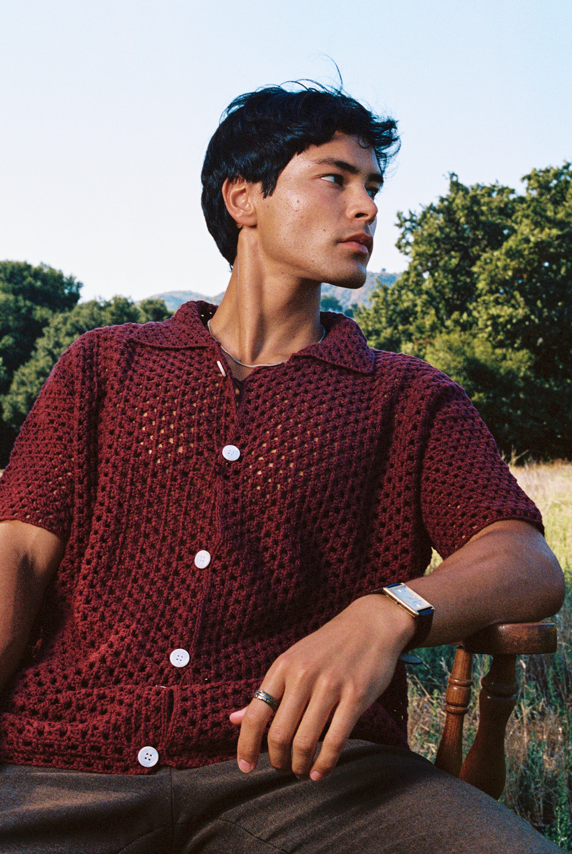 BURGUNDY CROCHET KNIT SHIRT