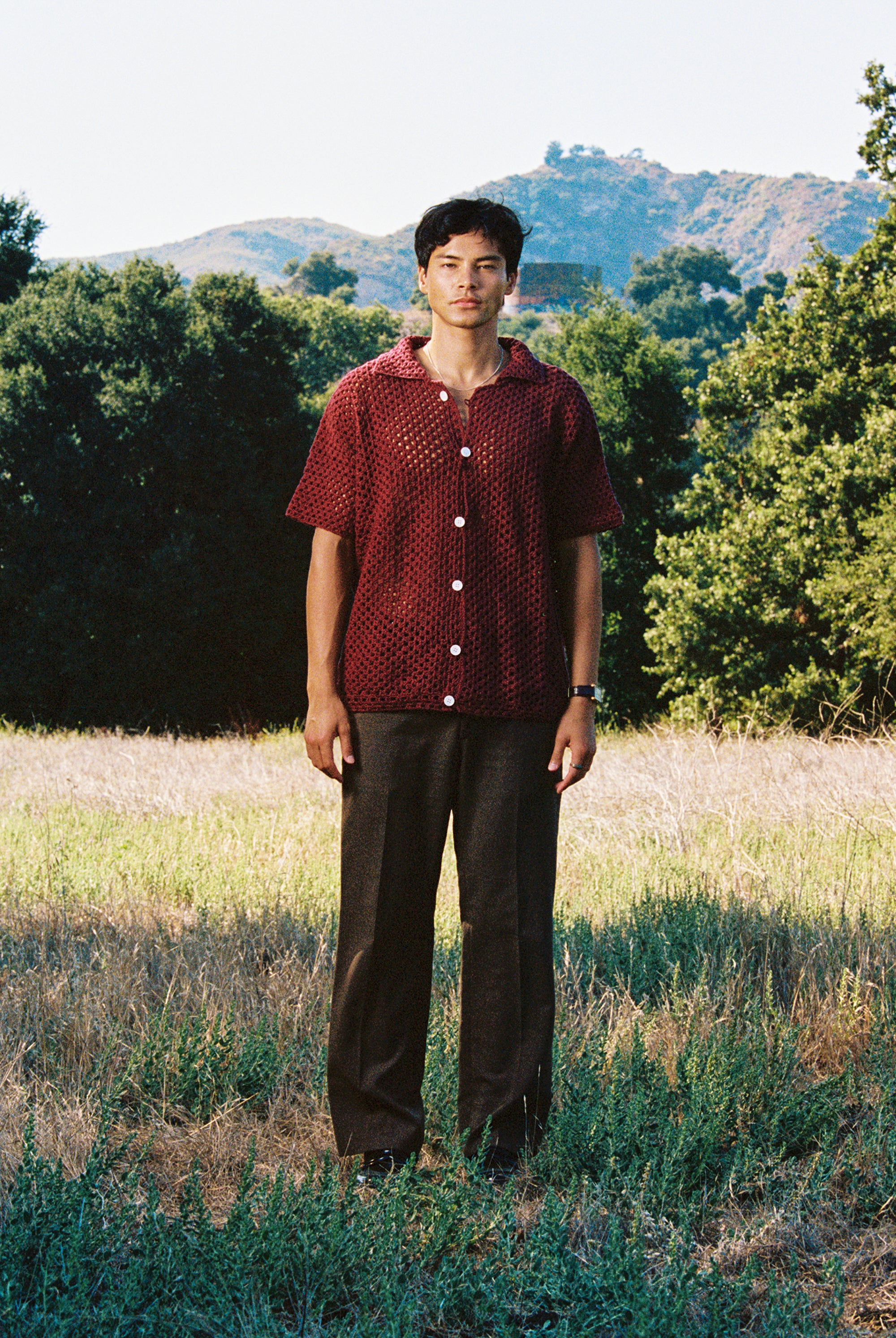 BURGUNDY CROCHET KNIT SHIRT