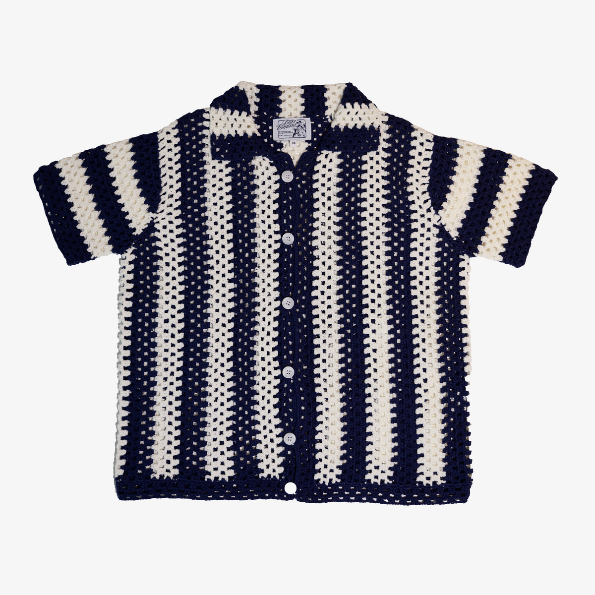 NAVY STRIPED CROCHET KNIT SHIRT