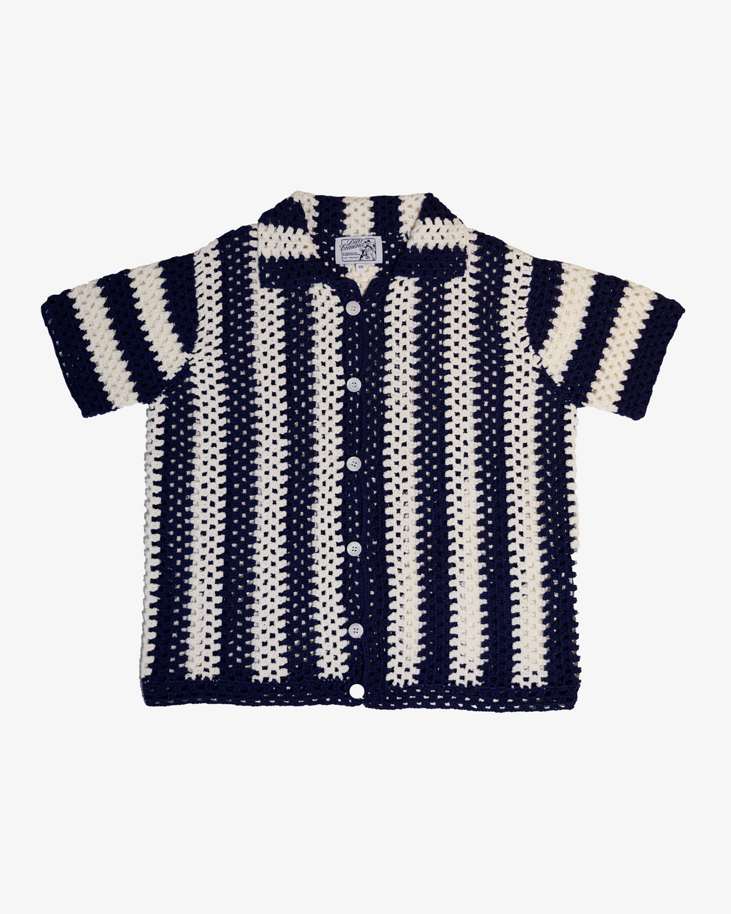 NAVY STRIPED CROCHET KNIT SHIRT NAVY STRIPED CROCHET KNIT SHIRT
